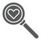 Searching for love glyph icon, amour and lens, magnifying glass sign, vector graphics, a solid pattern on a white
