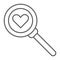 Searching for love thin line icon, amour and lens, magnifying glass sign, vector graphics, a linear pattern on a white