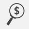 Searching magnifier glass dollar. Money vector icon on gray back