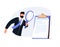 Searching for money or documents concept. Young attentive businessman cartoon character standing looking at magnifier