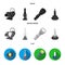 Searchlight, kerosene lamp, candle, flashlight.Light source set collection icons in black, flat, monochrome style vector
