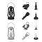 Searchlight, kerosene lamp, candle, flashlight.Light source set collection icons in black,monochrom style vector symbol