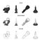 Searchlight, kerosene lamp, candle, flashlight.Light source set collection icons in black,monochrome,outline style