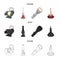 Searchlight, kerosene lamp, candle, flashlight.Light source set collection icons in cartoon,black,outline style vector