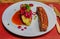 Seared duck breast with mashed potatoes and pickled cabbage at a