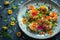 Seared scallops with edible flowers garnish. Generative AI