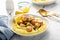 Seared scallops with grits and lemon sauce