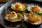 Seared scallops shell with butter, garlic and parsley. Seafood. Top view