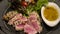Seared tuna salad with balsamic sauce on side healthy ketogenic food
