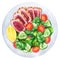 Seared tuna slices with fresh vegetable salad