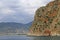 Seascape with Alanya`s castle rock peninsula and mountains