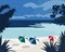 Seascape, beach, beach umbrellas against the background of the sea and tropical plants. Poster, colorful marine illustration