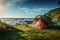 Seascape campsite Tent and camping equipment on vibrant green grass