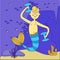 Seascape. Cartoon mermaid guy playing sports underwater. A man with a tail, dumbbells. Bubbles, fish, rocks and algae.