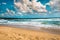 Seascape cloudy scene. Tropical  scenery with sand, wave of sea or ocean. calm paradise, relaxation, with splash of water and blue