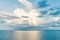 Seascape on cloudy sky background. Sea water and sky horizon line. Wanderlust, travel, trip. Summer vacation concept