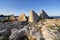 Seascape. Composition of rocks and concrete pyramids.