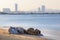 Seascape consist of rock on the Pattaya beach with Pattaya city as background