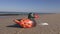 Seascape with decorative wooden duck in sand