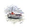 Seascape with ferry in Istanbul. Watercolor illustration.