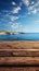 Seascape fusion Wooden table amidst blurred sea island and expansive blue sky