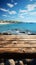 Seascape fusion Wooden table amidst blurred sea island and expansive blue sky