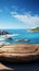 Seascape fusion Wooden table amidst blurred sea island and expansive blue sky