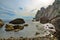 Seascape, huge rocks in the sea and high cliffs on the Black sea