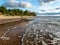 Seascape image of the sea with  stones and grass of light before sunset,  quiet sea