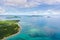 Seascape with islands in the early morning, view from above. Caramoan Islands, Philippines. Malay archipelago with reefs and