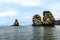 Seascape of Kamchatka Peninsula, view on Three Brothers Rocks in Avacha Bay Avachinskaya Bay, Pacific Ocean, Russia