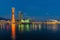 seascape of Kobe port with lights, Japan, sunset