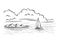 Seascape. Landscape, sea, sailboat, rocks. Hand drawn vector illustration