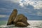 Seascape, large rocks in the sea on the backdrop of a cloudy sky, Crimea