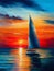 A seascape with a lonely sailboat at sunset. Impressionism style oil painting