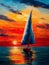 A seascape with a lonely sailboat at sunset. Impressionism style oil painting