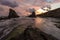 Seascape and magnificent dramatic sunrise over Rock formation The Ships