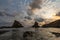 Seascape and magnificent dramatic sunrise over Rock formation The Ships