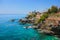 Seascape with the Mediterranean rocky coastline and promenade at Genoa Nervi