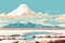 Seascape with mountains and lake. Salt flats with mirages and distant horizons. Vector illustration