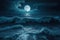 Seascape night fantasy of beautiful waves with full moon as illustration