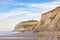 Seascape of the opal coast of Cap Blanc Nez, showing the Monument at Cape white Nose France on top of the chalk cliffs