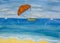 Seascape with orange parachute, watercolor painting illustration