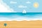 Seascape panorama with sailboat. Tropical beach with starfish.