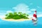 Seascape, paradise island with palm trees and a yacht on the sea. Illustration, background