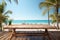 Seascape paradise Wooden table framed by palm tree, calm sea, and sky