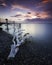 Seascape of a piece of Driftwood washed up along the coastline at sunset