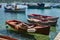 Seascape with pier, quiet sea harbor with clear transparent water and traditional greek fisher boats