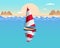 Seascape, red and white sailboat, yacht against the backdrop of the sea and mountains. Summer illustration