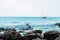 Seascape. Rocks on coastline with horizon